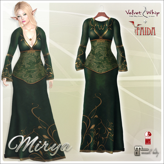 [V/W] + Faida - Mirya Dress Emerald - Medieval Fantasy gown, Elven style, for Maitreya Lara & Slink Hourglass - Mesh
