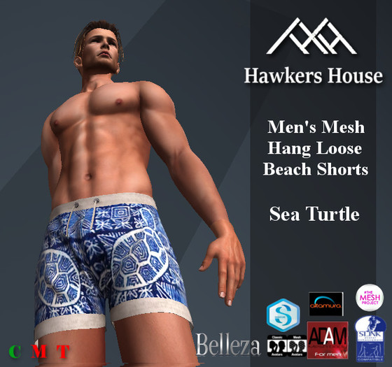 *HH* Men's Mesh Hang Loose Beach Shorts Sea Turtle