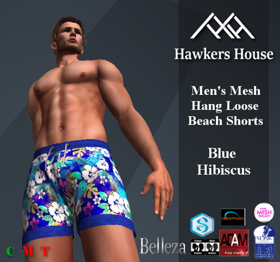*HH* Men's Mesh Hang Loose Beach Shorts Blue Hibiscus