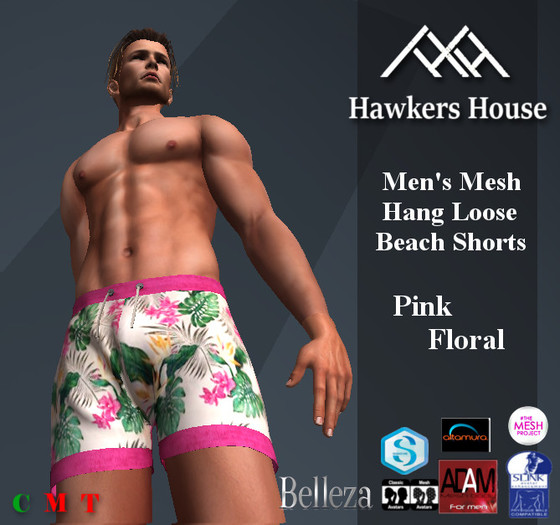 *HH* Men's Mesh Hang Loose Beach Shorts Pink Floral