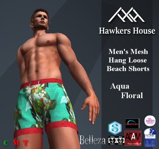 *HH* Men's Mesh Hang Loose Beach Shorts Aqua Floral