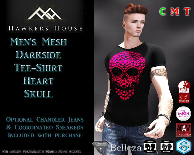 *HH* Men's Mesh Darkside Tee Shirt Heart Skull