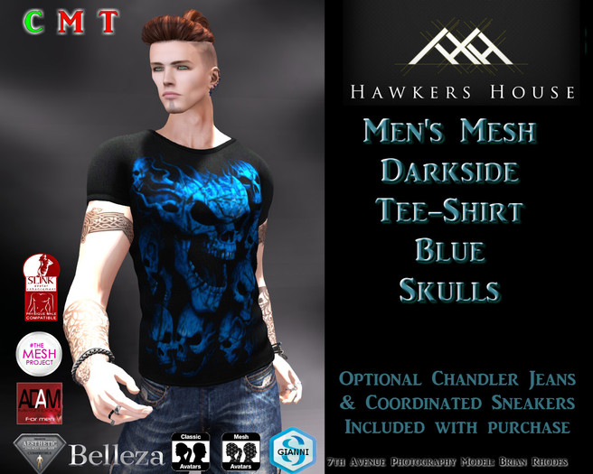 *HH* Men's Mesh Darkside Tee Shirt Blue Skulls