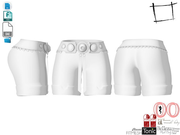  Dae Obj FBX For Women's Decorated Metal Belt Shorts Slink, Maitreya, Ocacin Voluptuous, Belleza, Tonic