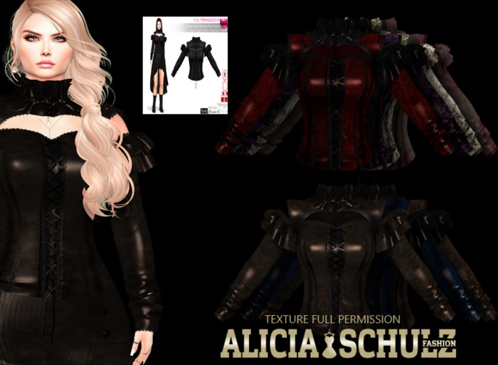 [Alicia Schulz] Texture for Black Long Sleeve Shoulder Cut Out Sweetheart Neckline Cut Out Turtleneck Goth Blouse SET F