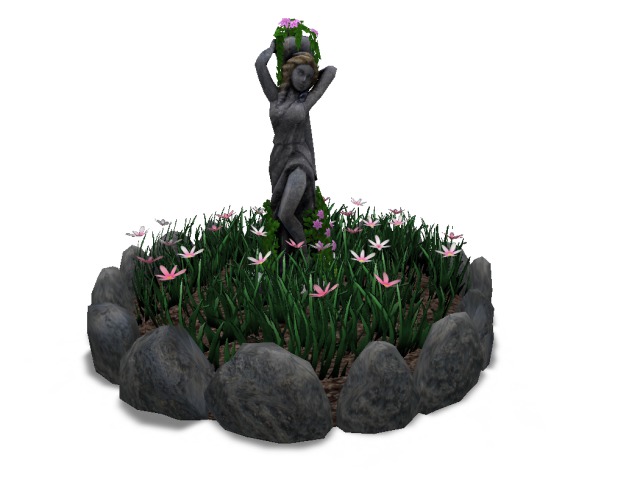 flower bed with statue - Stone - pink flowers