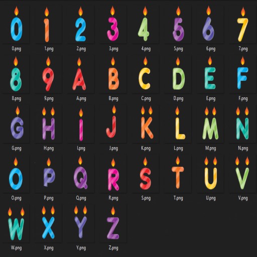 Birthday Candles 0-9 & A-ZPNG Numbers & Letters 256X256 "BOXED"
