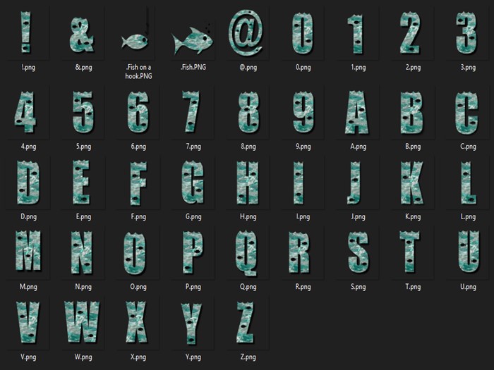 Fish In Water A-Z 0-9 PNG Letters & Numbers 512X512 "BOXED"