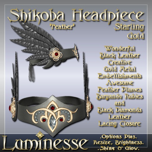 SHIKOBA "Feather" Starling Headpiece OP - Black Leather Burgandy Rubies Black Diamond Gold