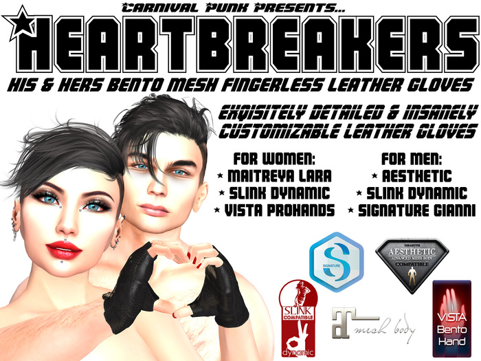 *Carnival Punk* Heartbreaker UNISEX Gloves for Slink (M&F) Vista Bento (F), Aesthetic, Signature Gianni, & Maitreya
