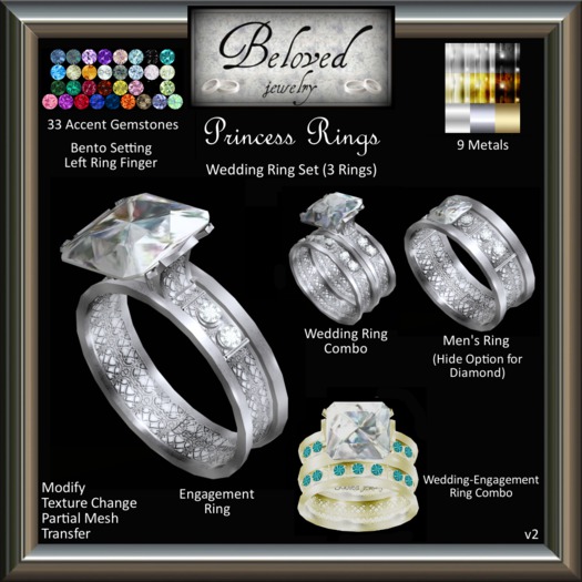 Wedding Engagement Ring Bento Set by Beloved Jewelry : Princess Wedding Ring Set (Texture Change) 3 Ring Set