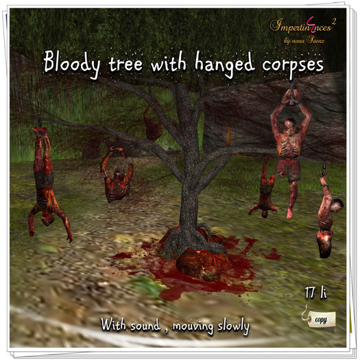 bloody tree with hanged corpses.