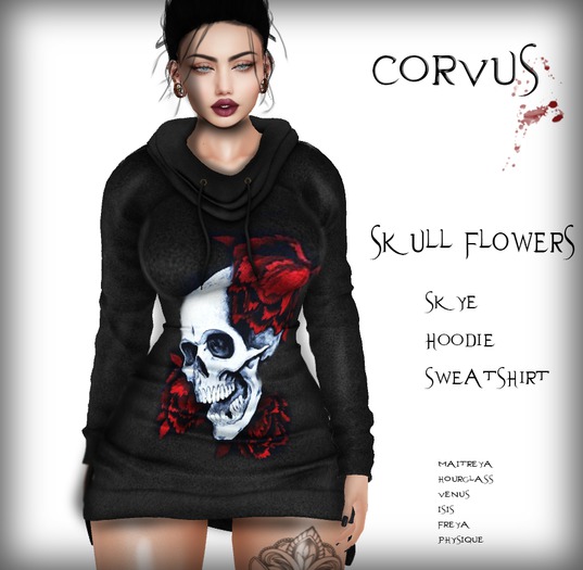 Corvus : Skye Skull and FLowers Hoodie Sweatshirt