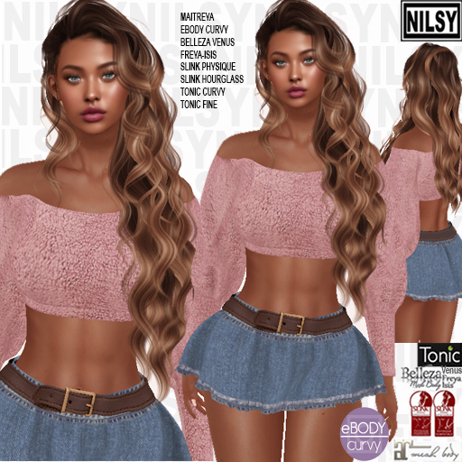 NILSY OFFSHOULDER TEDDY TOP AND DENIM SKIRT