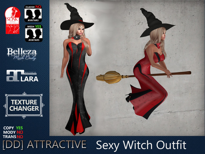 [DD] ATTRACTIVE Sexy Witch Outfit with Witch Hat - Animated Broom - Ankle Boots - Spider Brooch - Maitreya Slink Belleza