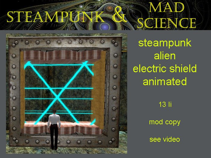 A steampunk alien electrical vortex shield machine animated mad science