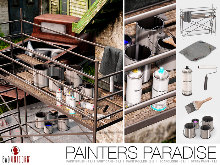 Painters Paradise Set - (Paint Brushes, Spray Paint, Scafolding, Paint Cans, Painter Mat) 