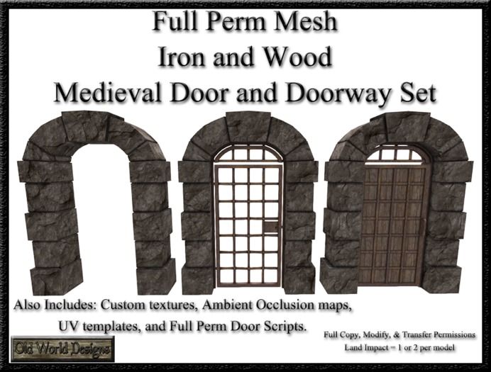 Old World Designs Iron and Wood Medieval Door Set for Castles Dungeons and other Medieval Builds Full Perm Mesh