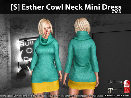 Second Life Marketplace - [S] Esther Cowl Neck Mini Dress Cyan
