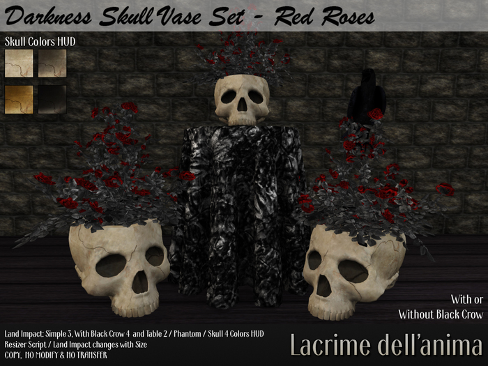 (BOX) Darkness Skull Vase Set - Red Roses