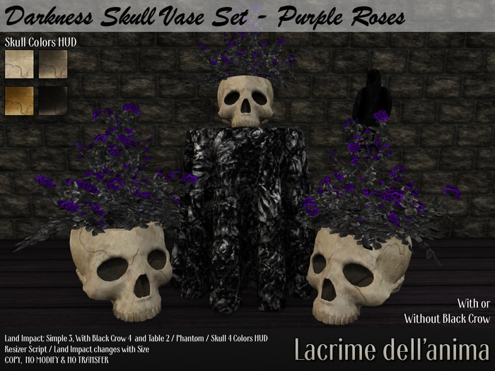 (BOX) Darkness Skull Vase Set - Purple Roses