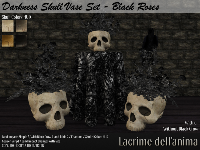 (BOX) Darkness Skull Vase Set - Black Roses