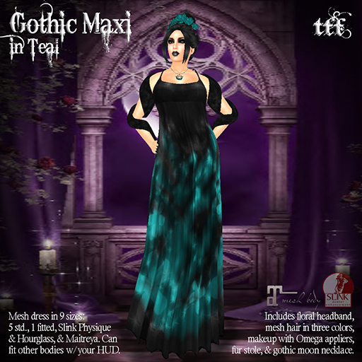 TFF Gothic Maxi Gown in Teal with accessories