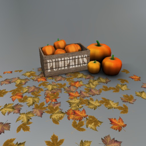 Crate of Mesh Pumpkins with Leaves