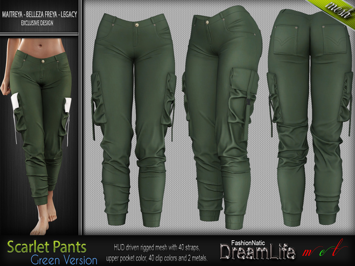 SCARLET FEMALE CARGO PANTS GREEN COLOR- MESH - Maitreya Lara, Belleza Freya, Legacy - FashionNatic