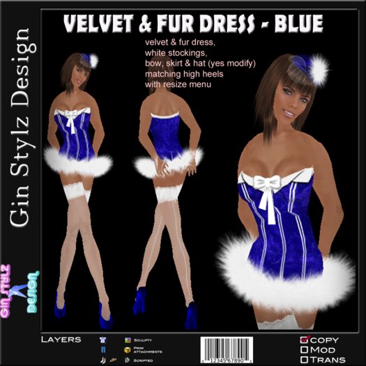 Blue Velvet & Fur Dress & Shiny High Heels