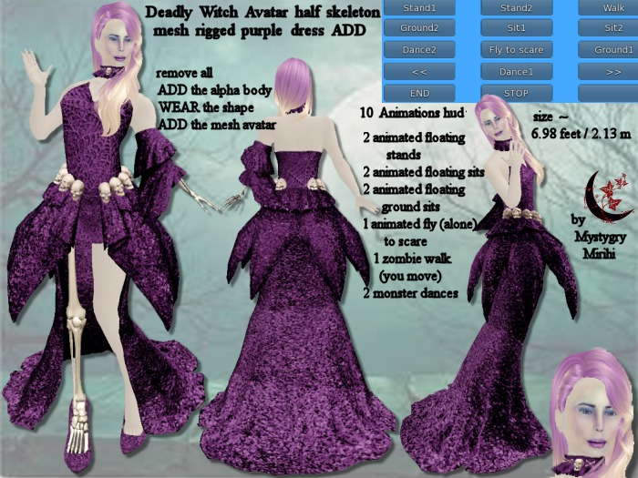 Deadly Witch Avatar half skeleton mesh rigged purple dress ADD