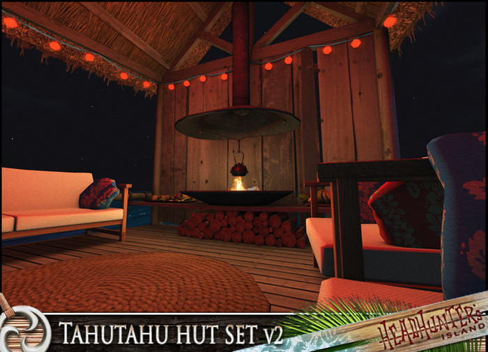 HeadHunter's Island - Tahutahu chill hut v2 - 66+ animations - fully furnished - lounge set / lights / fireplace - MESH