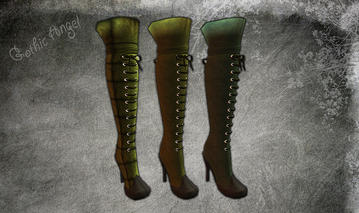 <GIFT> Gothic Angel Leather Knee High Emerald Boots