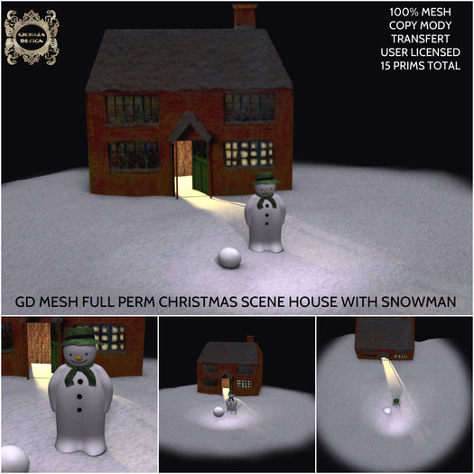 GD MESH FULL PERM CHRISTMAS SCENE HOUSE WITH SNOWMAN