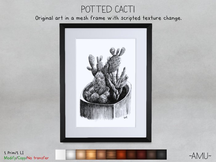 ~AMU~ Potted cacti - framed ink drawing