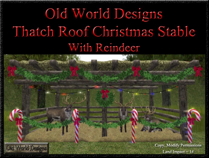 Thatch roof christmas stable with reindeer boxed
