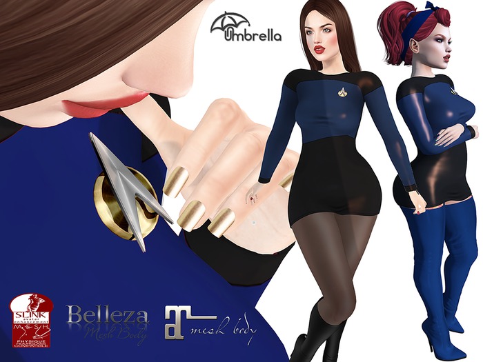 BLUE Sexy Star Fleet OS & NTG Crew Uniforms Trek 2020 Cosplay RP Costume Minidress & Boots & Mesh Communicator Badge