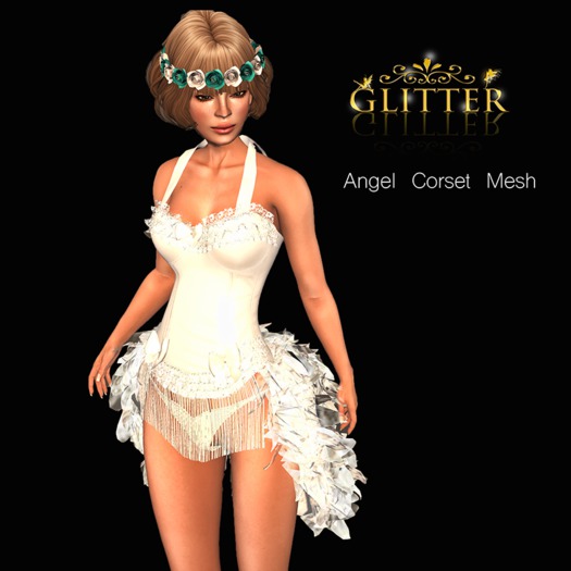 GLITTER Angel Corset Mesh with Feathers Tail Pure White