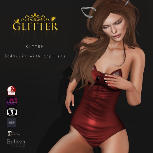 GLITTER KITTEN Bodysuit w/Appliers Ruby