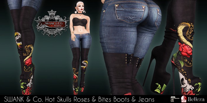Swank & Co. Hot Skulls Roses & Bites Boots & Jeans ( Boxed )