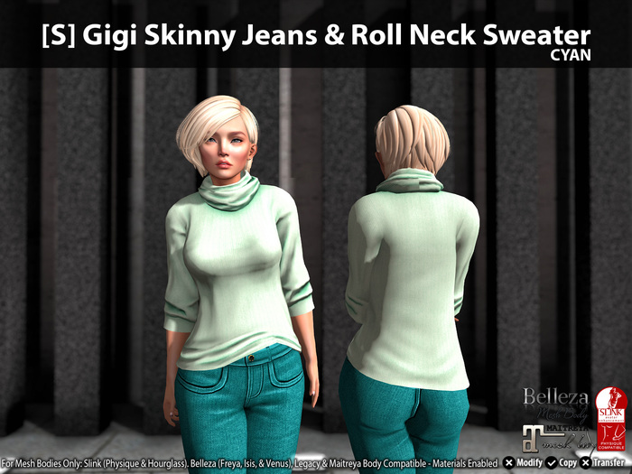 [S] Gigi Skinny Jeans & Roll Neck Sweater Cyan