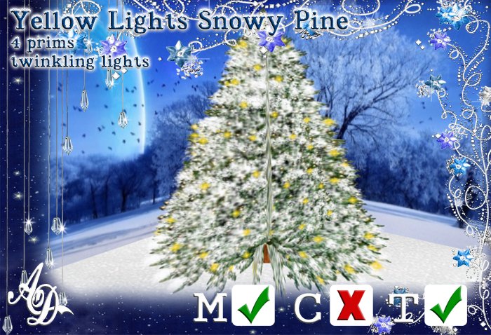 Yellow lights snowy pine