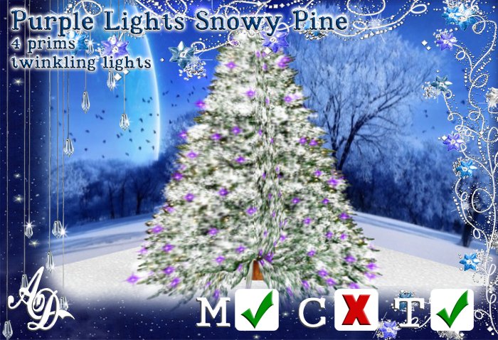 Purple lights snowy pine