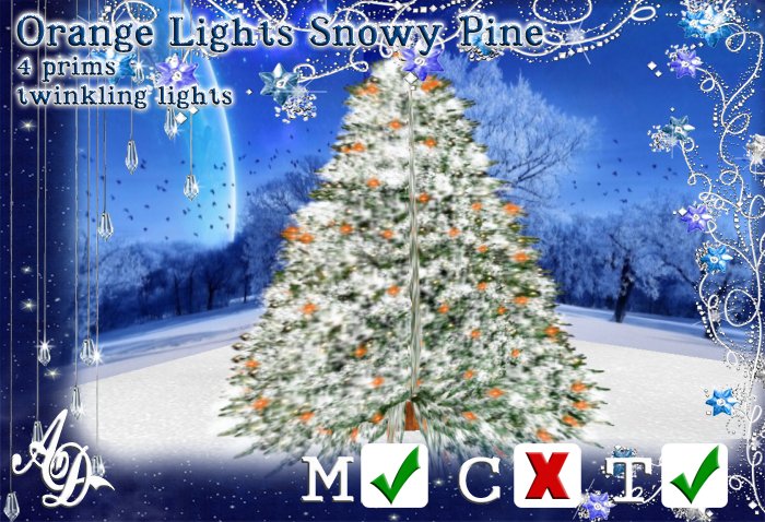 Orange lights snowy pine