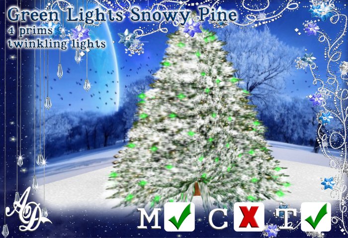 Green lights snowy pine