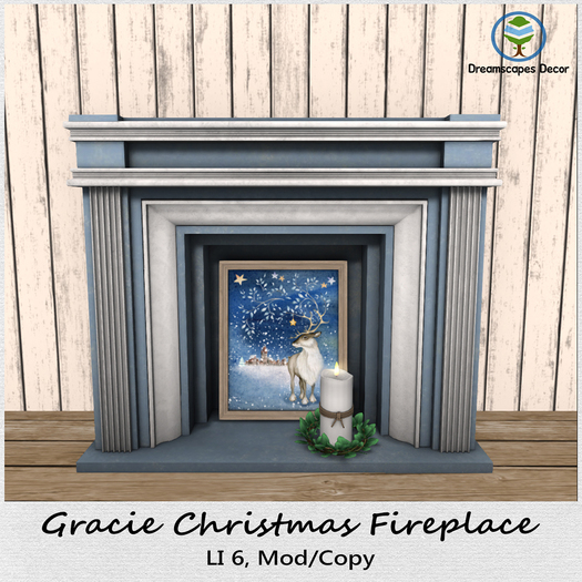 *Gracie* Christmas Fireplace Blue A - with artwork and candle
