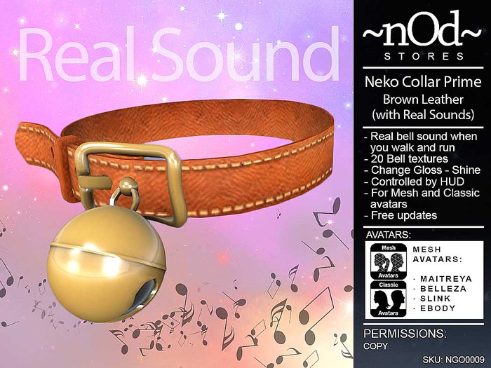~ nOd ~ Neko Collar Prime Brown Leather (real Bell Sound) [Mesh + Classic Avatars] NGO0009