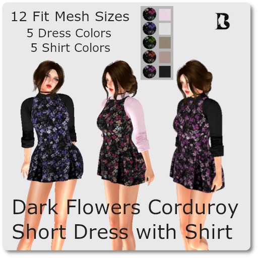 Dark Flowers Corduroy Short Dress with Shirt 12 Fit Sizes
