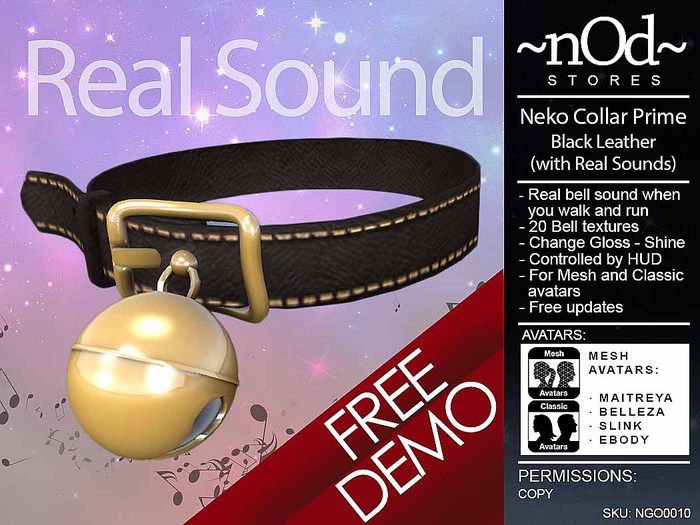 ~ nOd ~ DEMO Neko Collar LEATHER BLACK [Real Bell Sounds] [20 Metal Colors HUD] [Rigged + Unrigged] 
