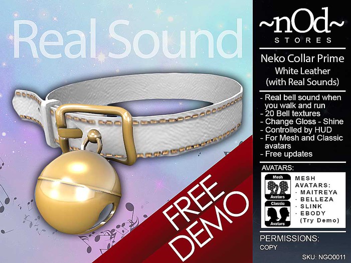 ~ nOd ~ Neko Collar Prime White DEMO (real Bell Sound) [Mesh + Classic Avatars] NGO0011D